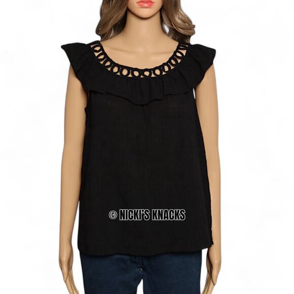 Max Studio Black Flutter Sleeve Blouse Lattice Neckline Cotton Blend Size XS - Picture 2 of 8